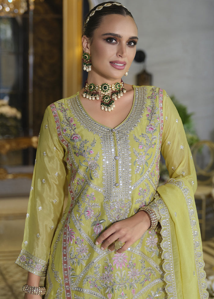 3 Pc Yellow Silk Plazzo Suit Set