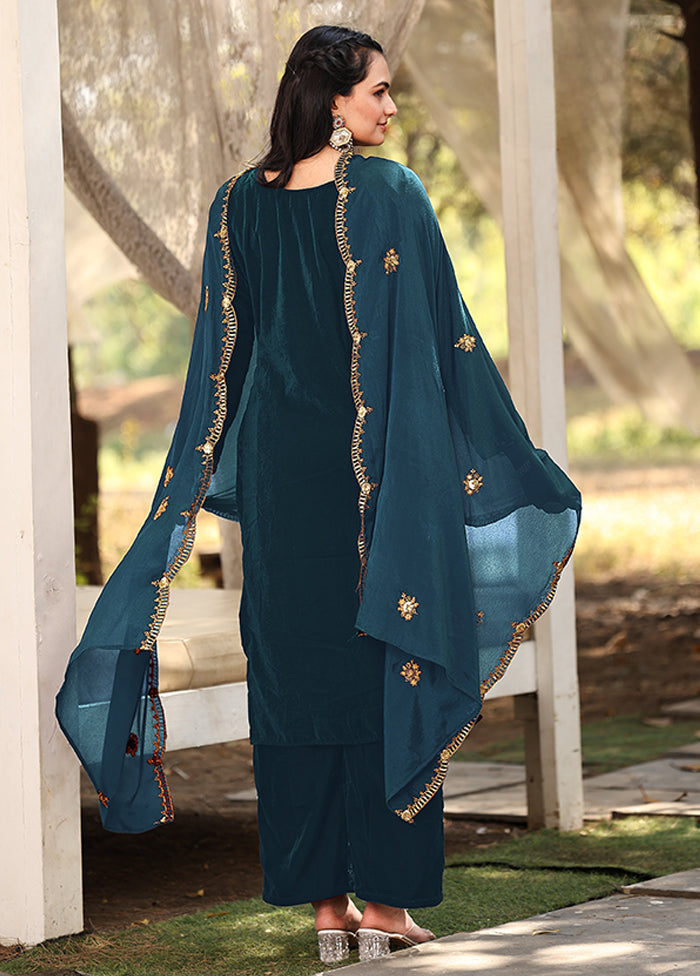 3 Pc Blue Silk Suit Set
