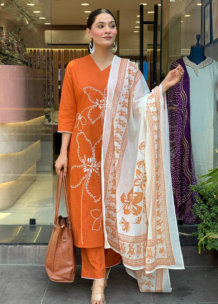 3 Pc Orange Cotton Suit Set