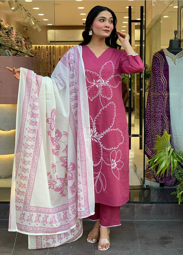 3 Pc Pink Cotton Suit Set