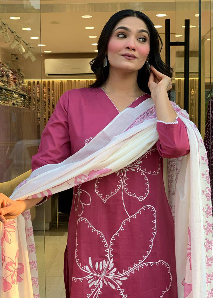 3 Pc Pink Cotton Suit Set