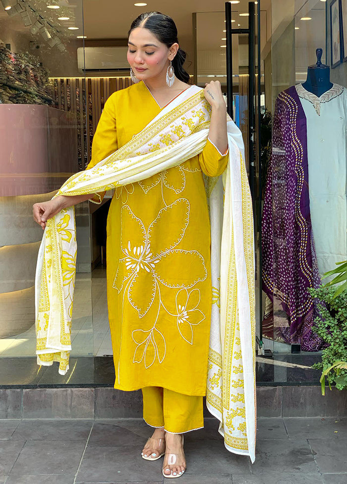 3 Pc Yellow Cotton Suit Set