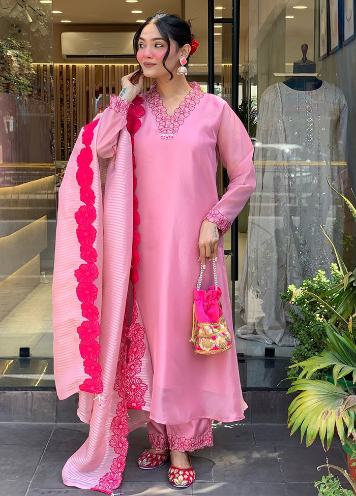3 Pc Pink Cotton Suit Set