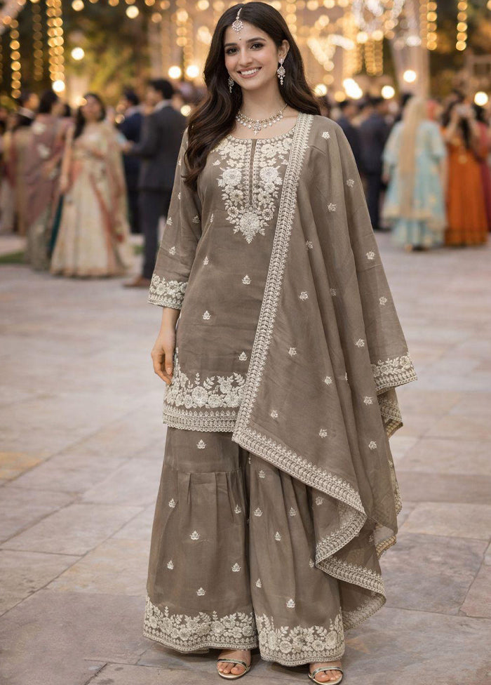 3 Pc Grey Silk Suit Set