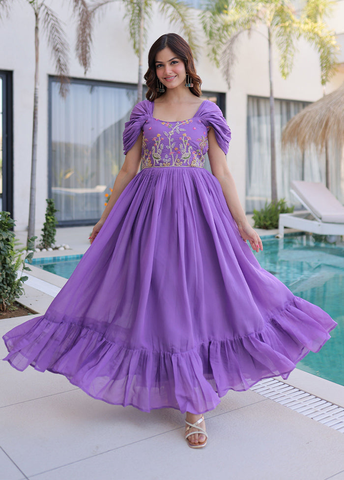Purple Embroidery Work Cotton Gown