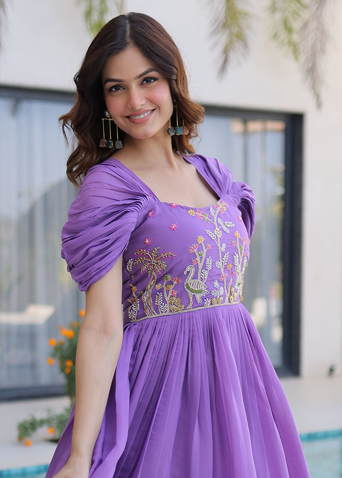 Purple Embroidery Work Cotton Gown