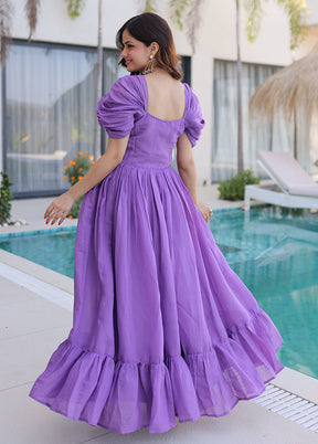 Purple Embroidery Work Cotton Gown
