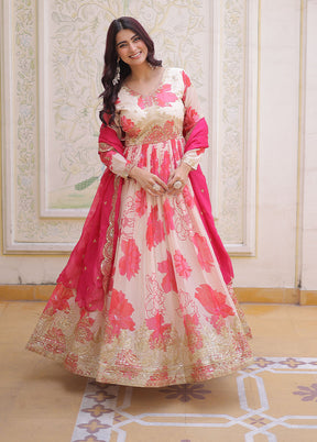 Pink Embroidery Work Silk Gown