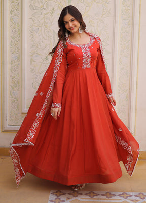 Brown Embroidery Work Cotton Gown