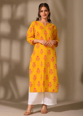 Yellow Printed Work Cotton Kurti