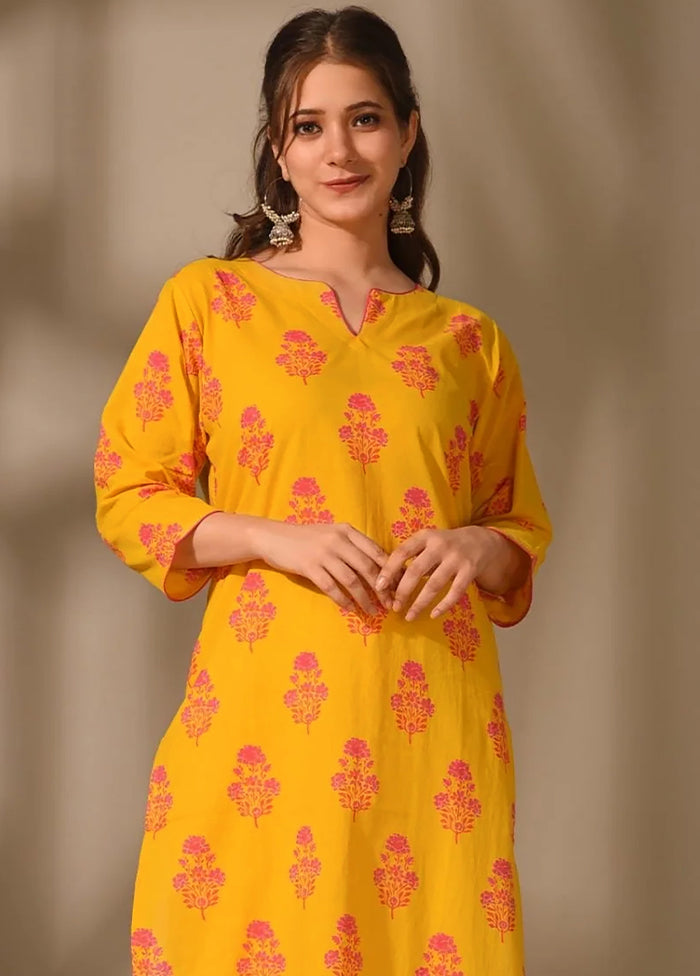 Yellow Printed Work Cotton Kurti