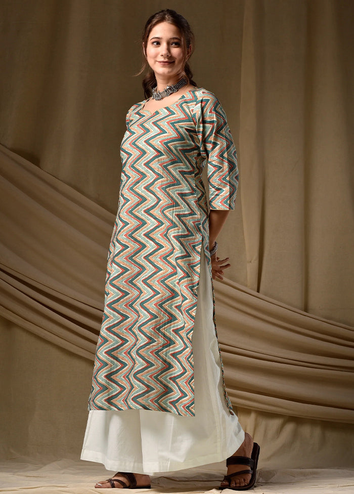 Green Printed Work Cotton Kurti