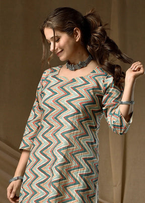 Green Printed Work Cotton Kurti