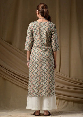 Green Printed Work Cotton Kurti