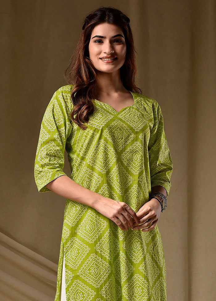 Green Printed Work Cotton Kurti