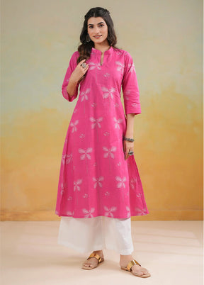 Pink Printed Work Cotton Kurti