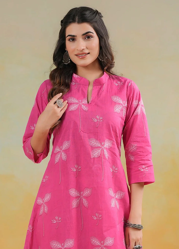 Pink Printed Work Cotton Kurti