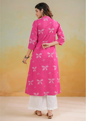 Pink Printed Work Cotton Kurti