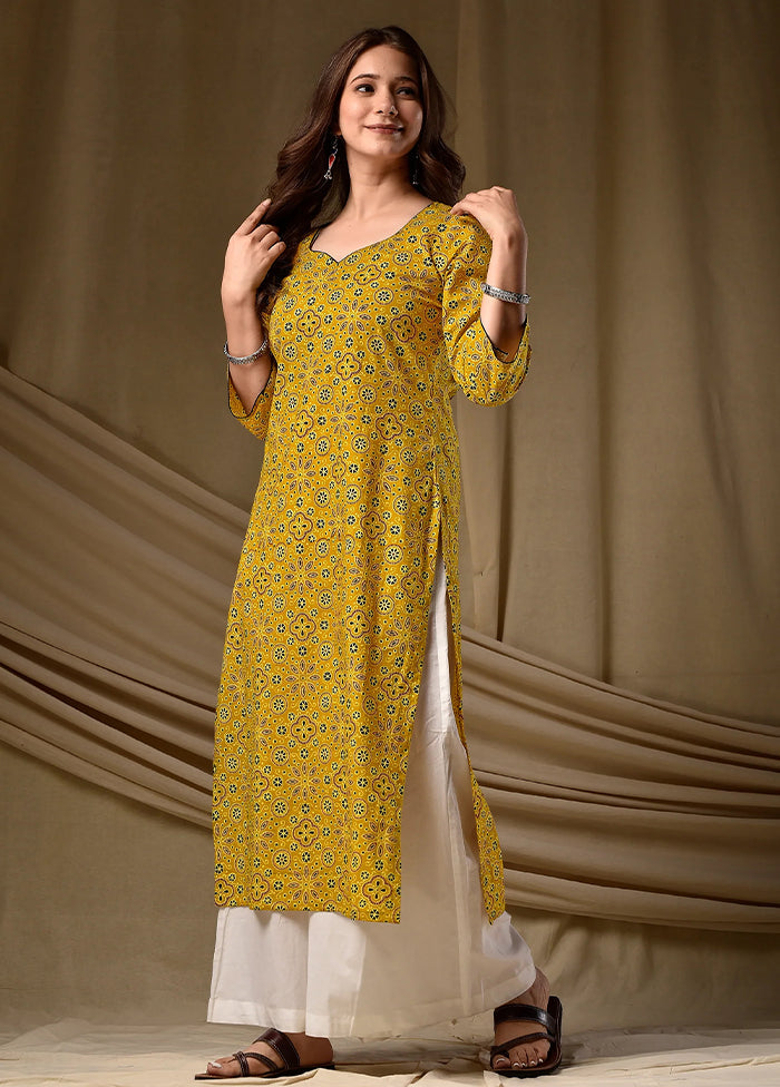 Yellow Printed Work Cotton Kurti