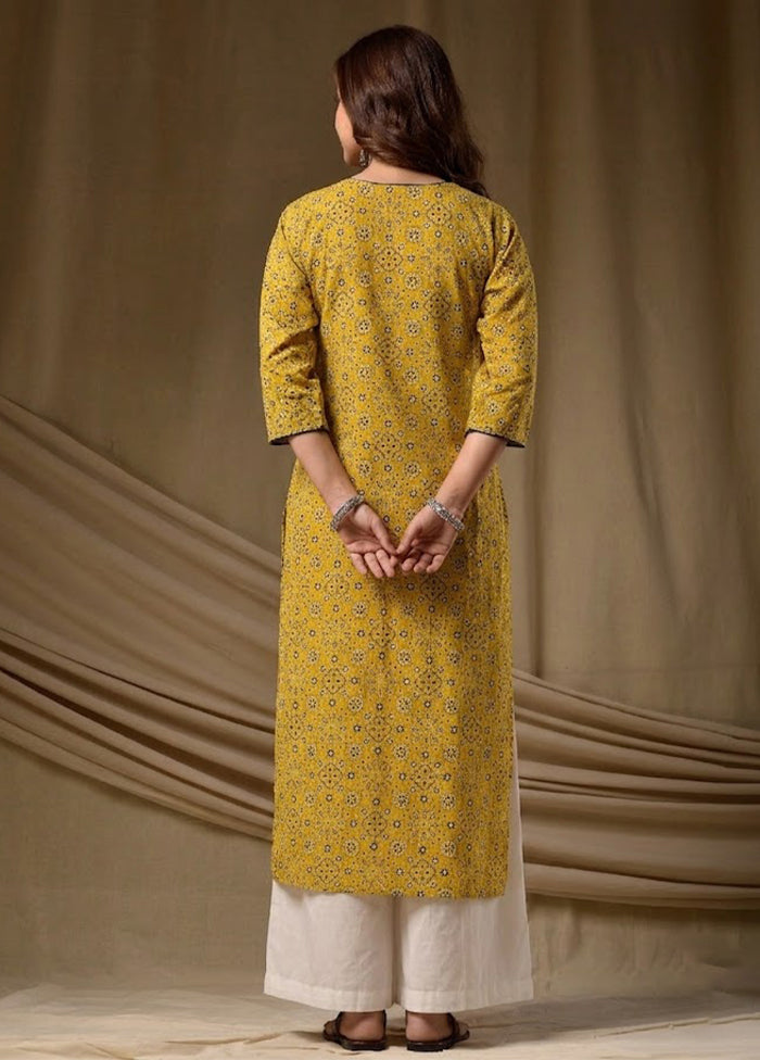 Yellow Printed Work Cotton Kurti