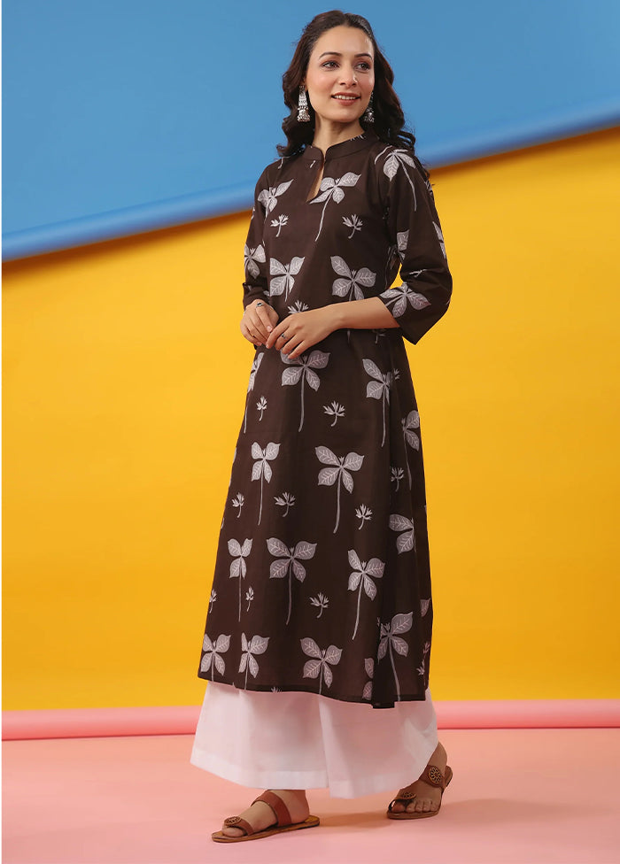 Brown Printed Work Cotton Kurti