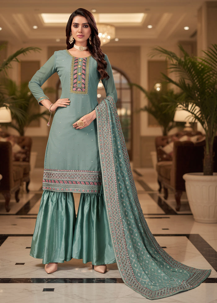 3 Pc Blue Georgette Sharara Set