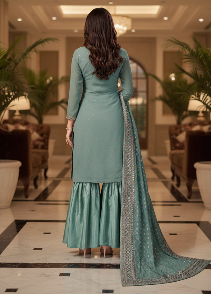 3 Pc Blue Georgette Sharara Set