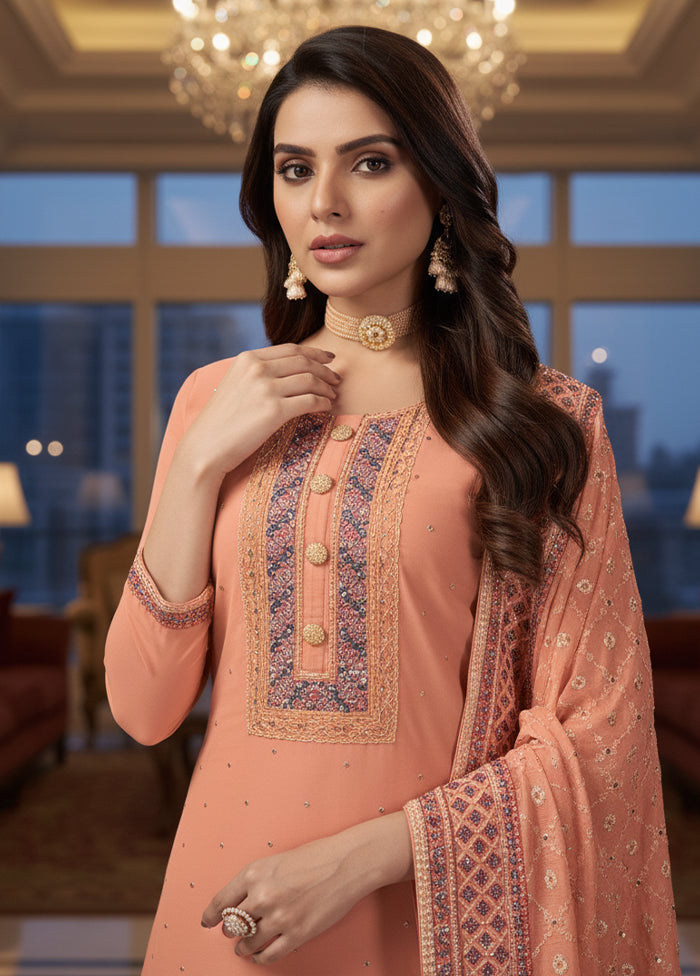 3 Pc Peach Georgette Sharara Set