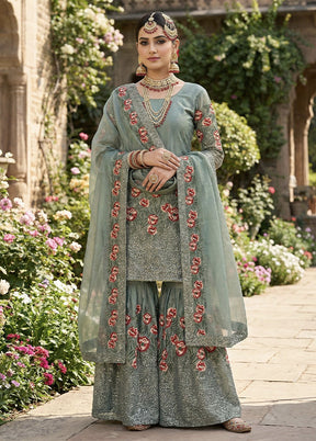 3 Pc Green Silk Sharara Set
