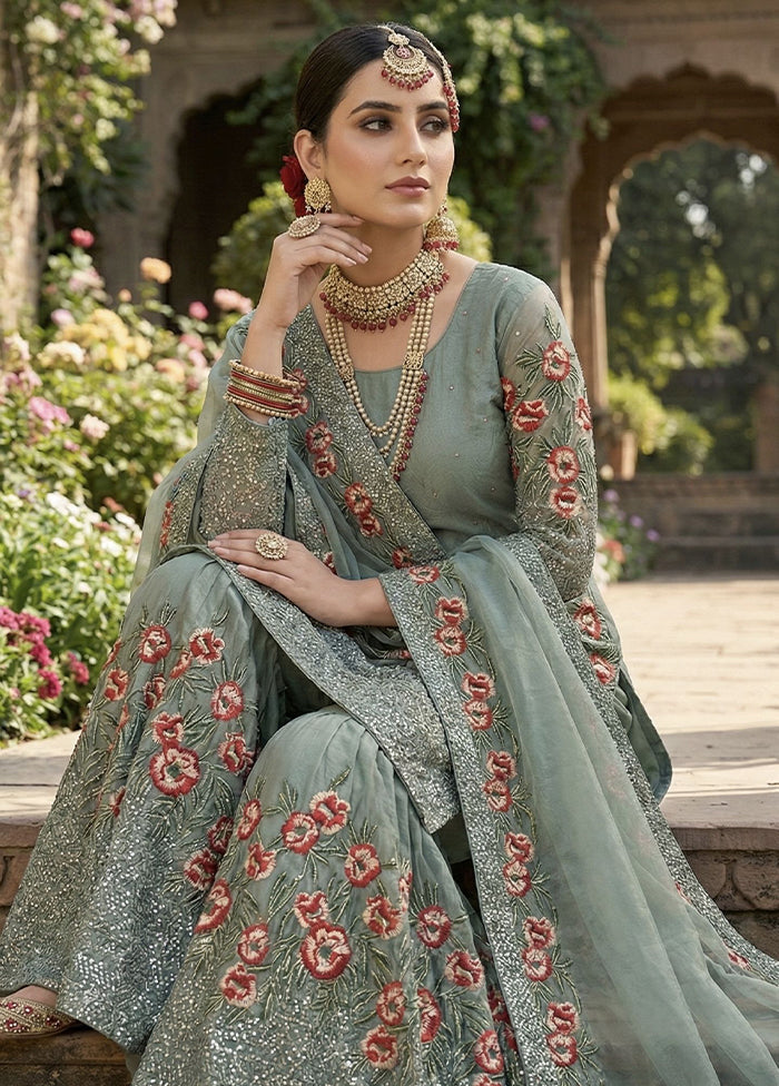 3 Pc Green Silk Sharara Set