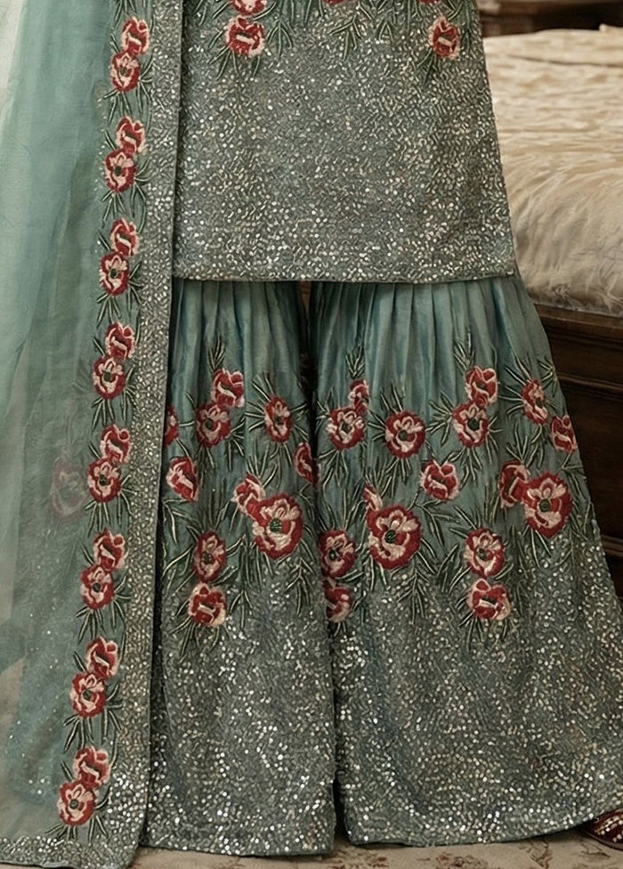 3 Pc Green Silk Sharara Set