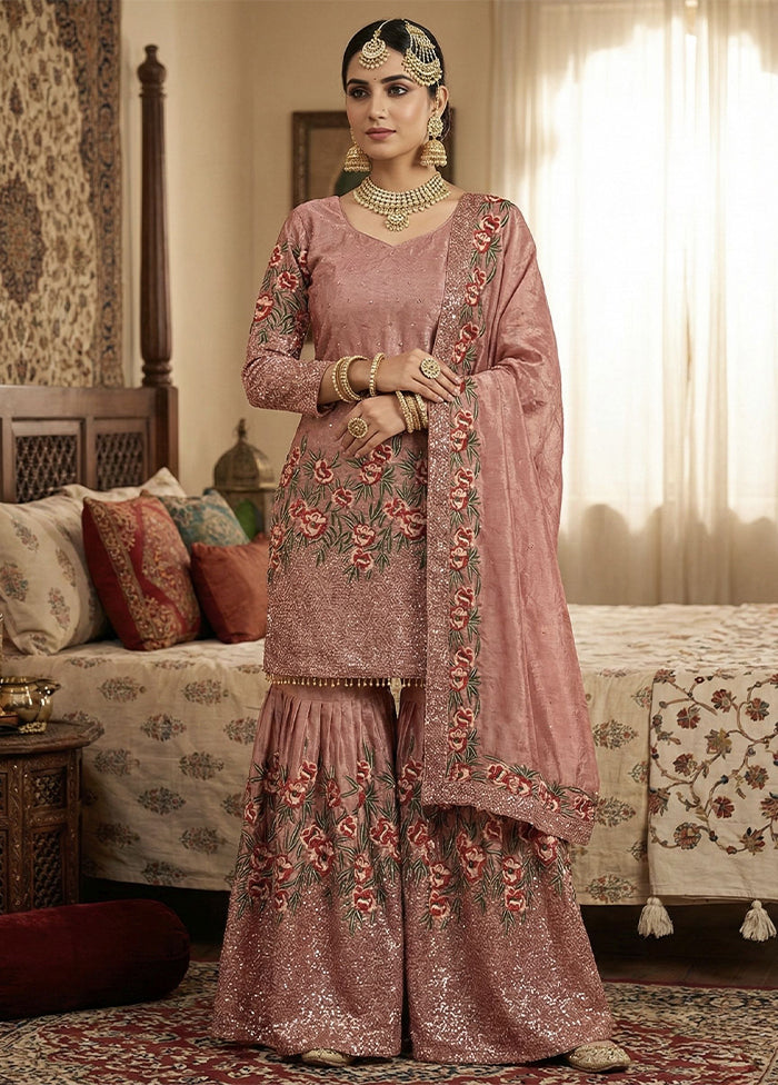 3 Pc Pink Silk Sharara Set