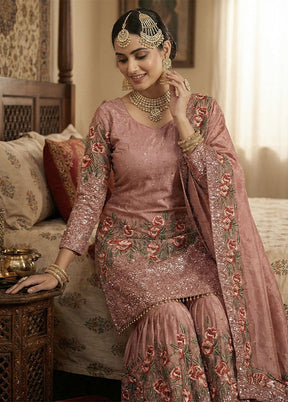 3 Pc Pink Silk Sharara Set
