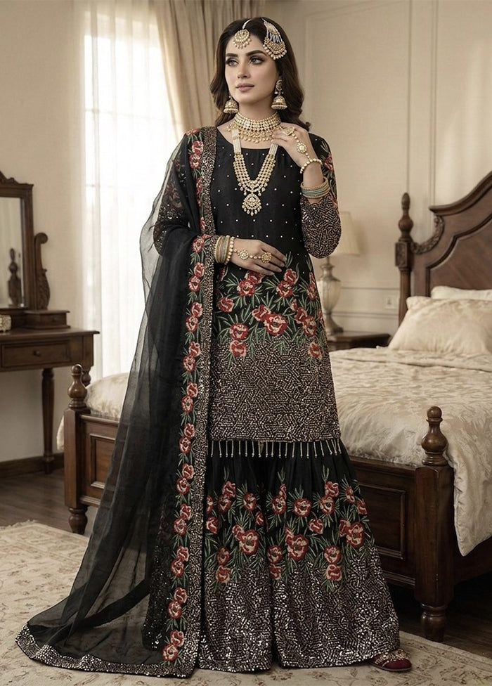 3 Pc Black Silk Sharara Set