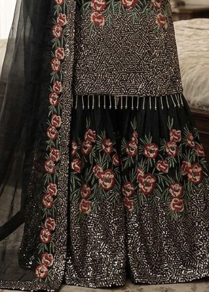 3 Pc Black Silk Sharara Set