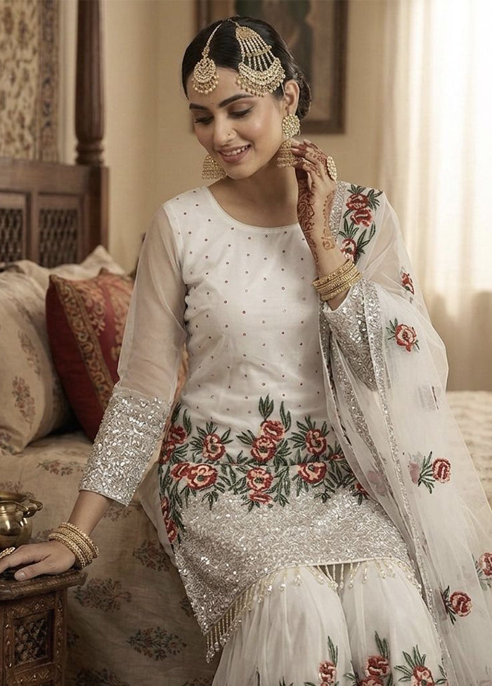 3 Pc White Silk Sharara Set