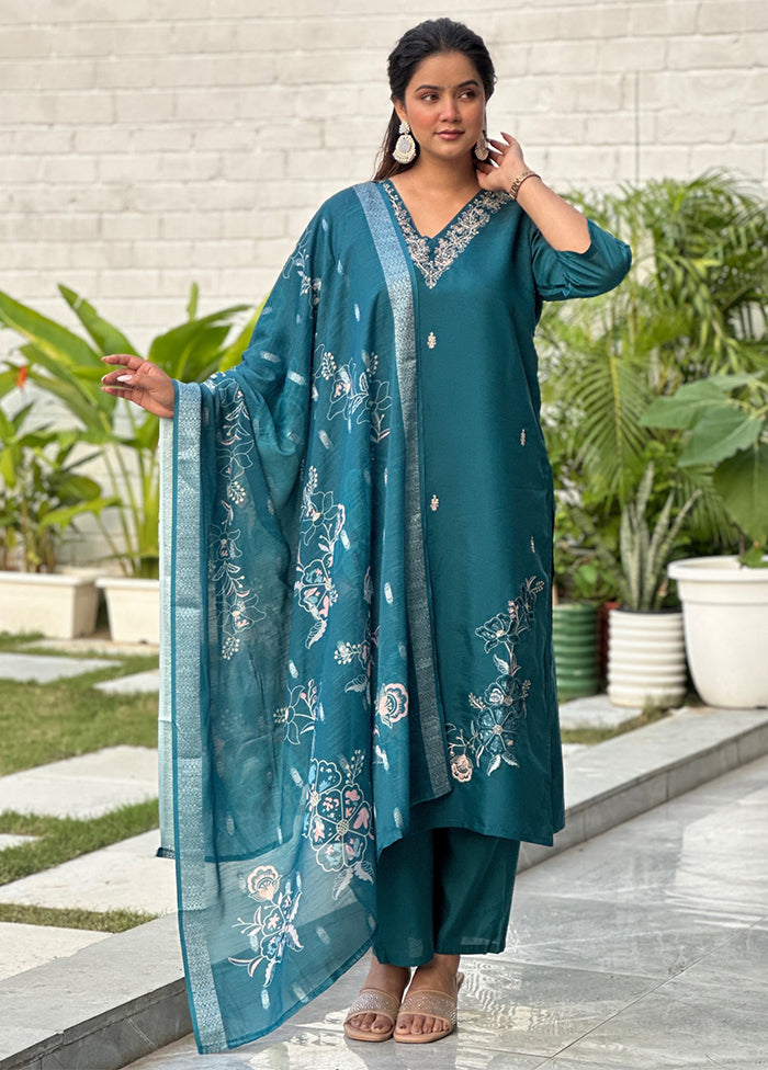 3 Pc Blue Silk Suit Set