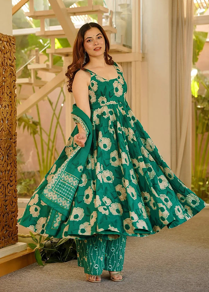 3 Pc Green Muslin A-Line Suit Set