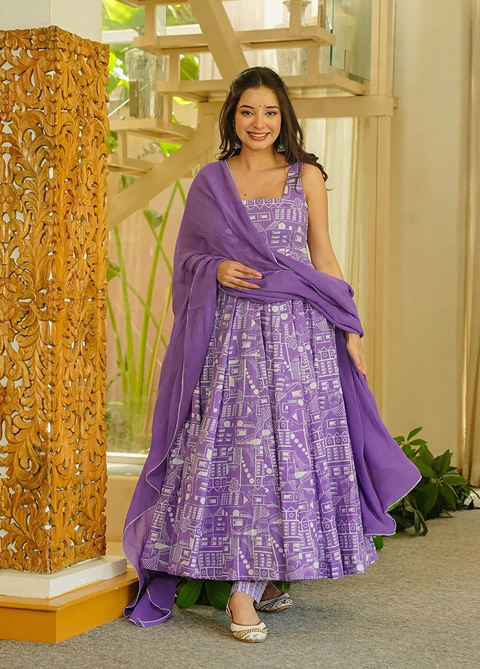3 Pc Lavender Muslin A-Line Suit Set