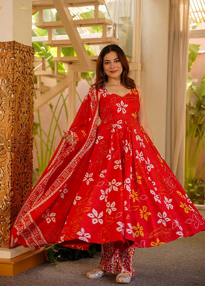3 Pc Red Muslin A-Line Suit Set