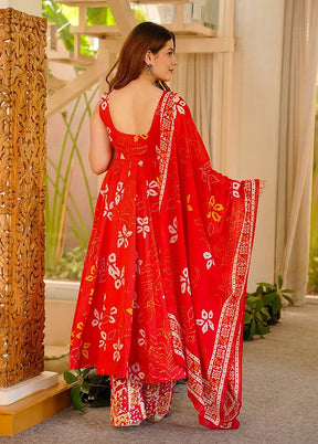 3 Pc Red Muslin A-Line Suit Set