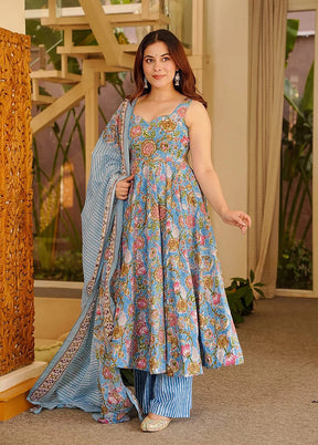 3 Pc Grey Muslin A-Line Suit Set