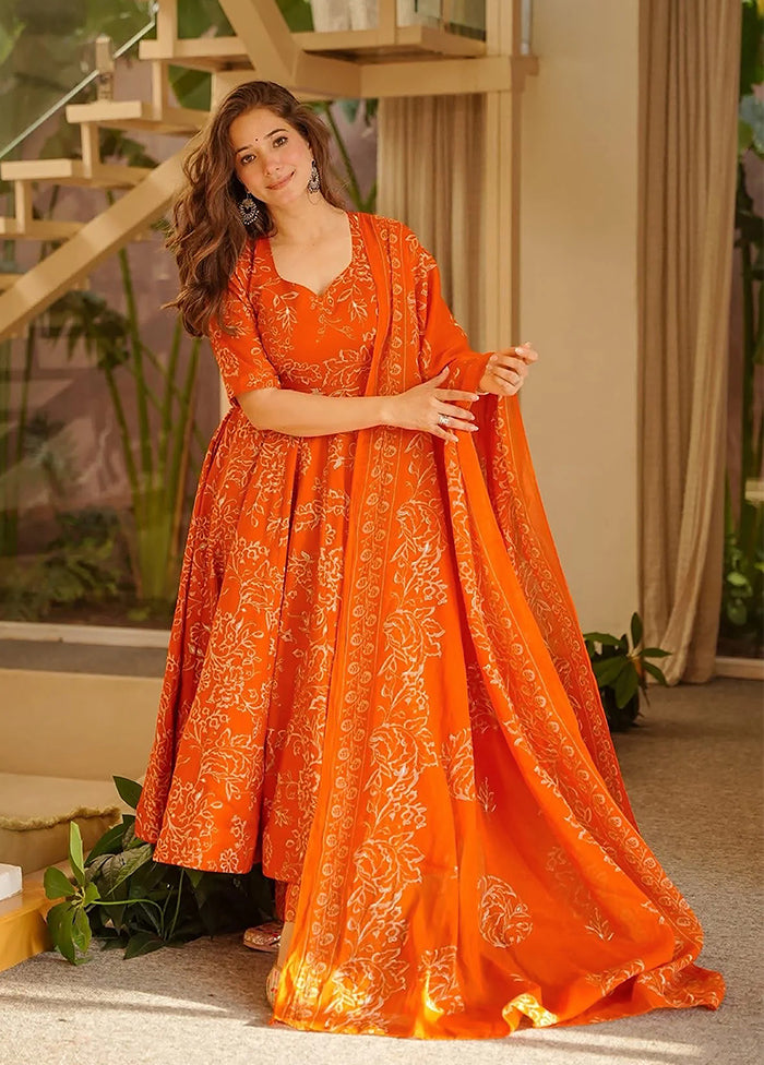 3 Pc Orange Muslin A-Line Suit Set