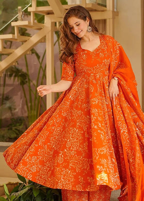3 Pc Orange Muslin A-Line Suit Set