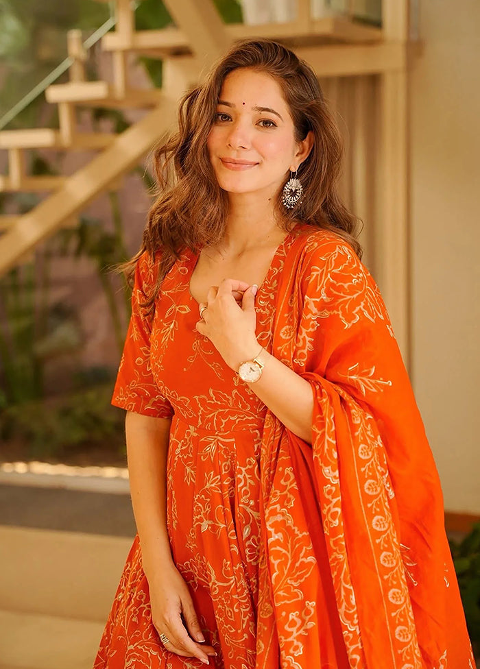 3 Pc Orange Muslin A-Line Suit Set