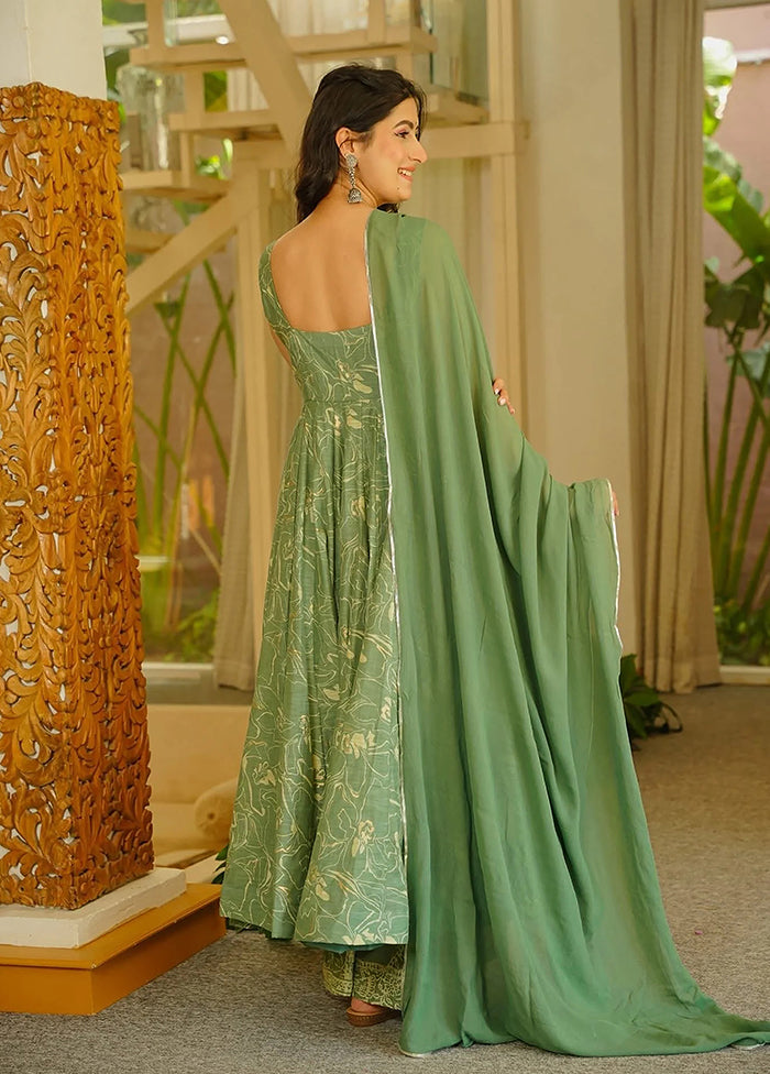 3 Pc Green Muslin A-Line Suit Set