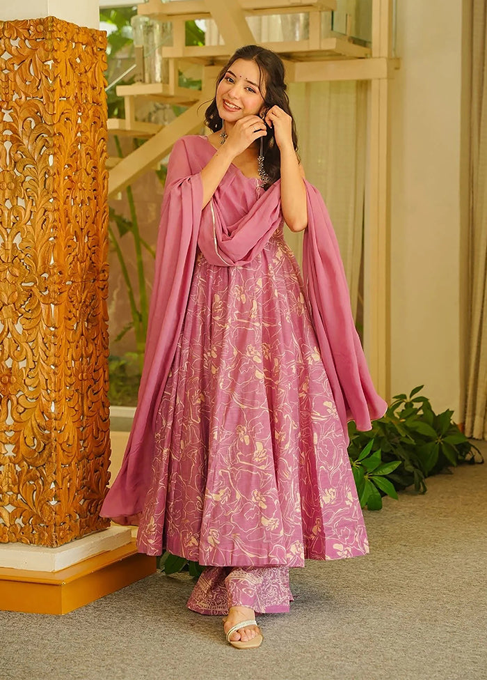 3 Pc Pink Muslin A-Line Suit Set