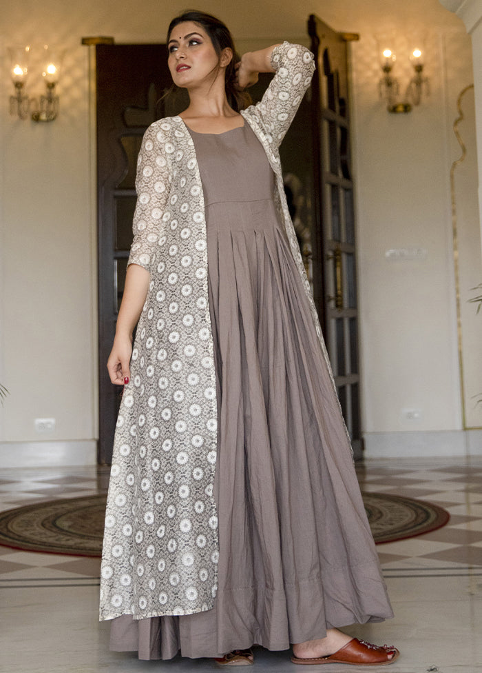 Grey Readymade Silk Gown With Jacket