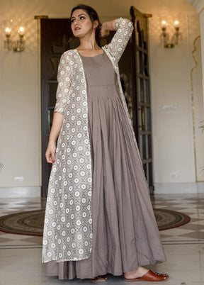 Grey Readymade Silk Gown With Jacket