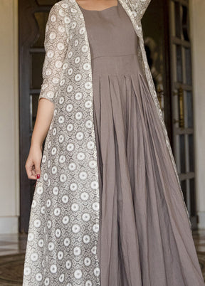 Grey Readymade Silk Gown With Jacket